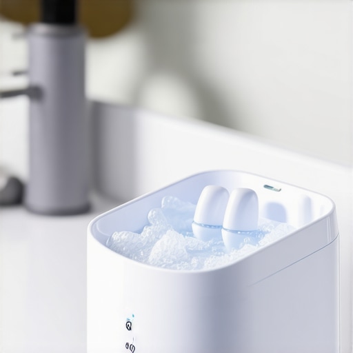 A high-tech ultrasonic cleaning device for dentures and retainers on a bathroom counter.