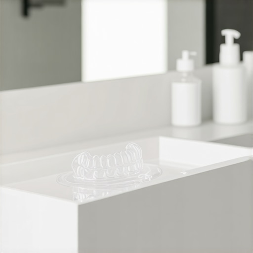 Ultrasonic Dental Aligner Cleaner Clear dental aligners being cleaned in an ultrasonic device on a bathroom counter.
