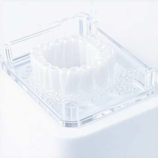 Close-up of an ultrasonic cleaner used for maintaining Invisalign trays and dental guards.