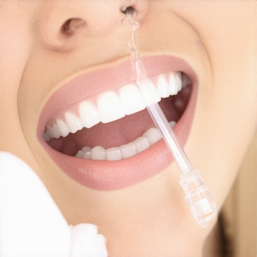 Using a Water Flosser for Gum Debris A person using a water flosser to safely remove trapped food and popcorn kernels from the gum line.