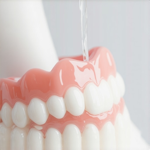 Using a water flosser for dental bridge maintenance A water flosser cleaning the area under a dental bridge to remove food particles.