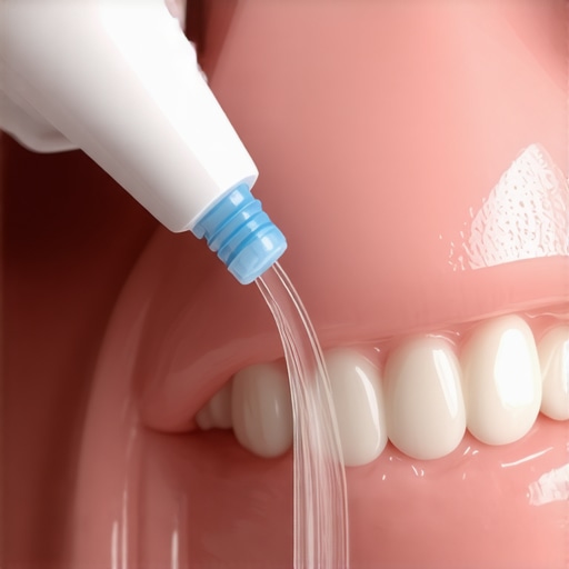 Close-up of cleaning a dental bridge with a water flosser for better oral health.
