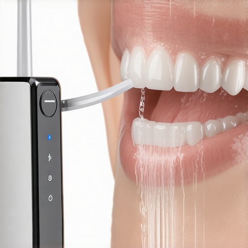 Using a water flosser on a dental crown A close-up of a water flosser cleaning the gum margin of a crown to show proper maintenance technique.