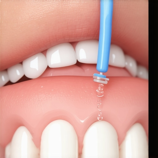 Water Flosser Cleaning Near Dental Crown Close up of a water flosser cleaning the gum line near a dental restoration.