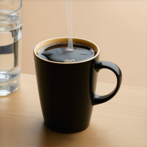 A glass of water next to a cup of coffee illustrating the oral health rinse technique.