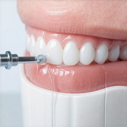 A close up view of a water flosser being used on a dental implant to maintain oral health.